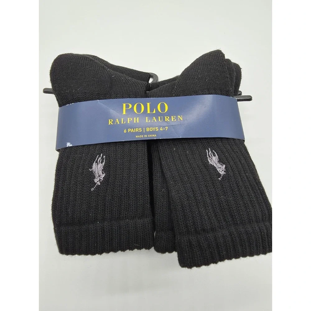 Polo Ralph Lauren Boys Black Crew Socks 6-Pack Pairs Boys Size 4-7 NWT